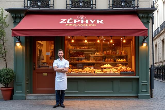 Ancienne façade de Zéphyr Boulangerie, un boulanger souriant devant la boutique
