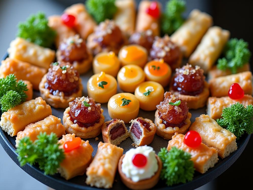 Assortiment de mini-sandwichs et pâtisseries sur un plateau traiteur